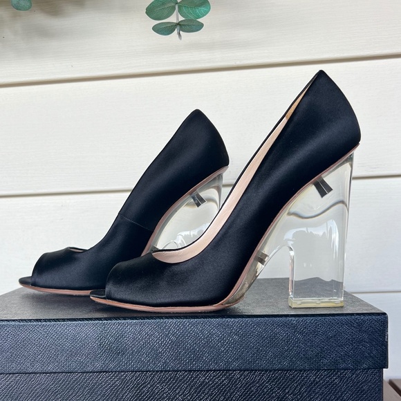 Prada 1K523C Nero (black) Satin and Acrylic Wedged Heels Size EU 37.5 - Picture 1 of 6